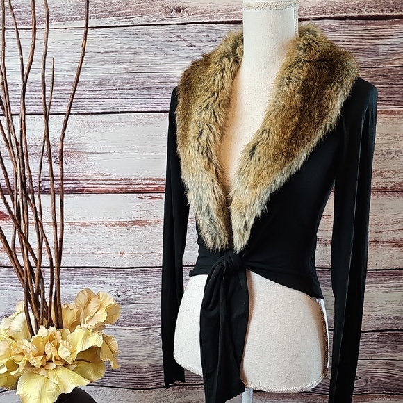Bailey 44 Tops - BAILEY 44 BLACK LONG SLEEVE FAUX FUR COLLAR TIE-FRONT CARDIGAN